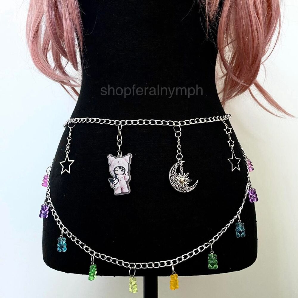 Silver Handmade Kawaii Gummy Bear Celestial Chain Belt, Fits 19-51 in, X7GA1354